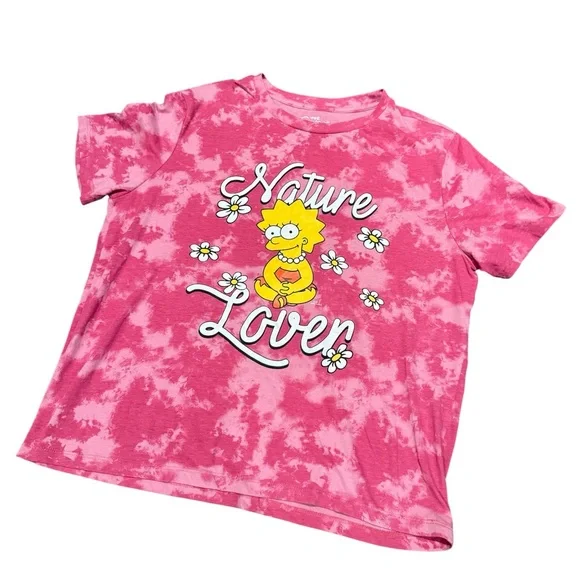 Lisa Simpson Nature Lover Tie-Dye Graphic Tee Pink Cartoon T-Shirt The Simpsons - Picture 1 of 1